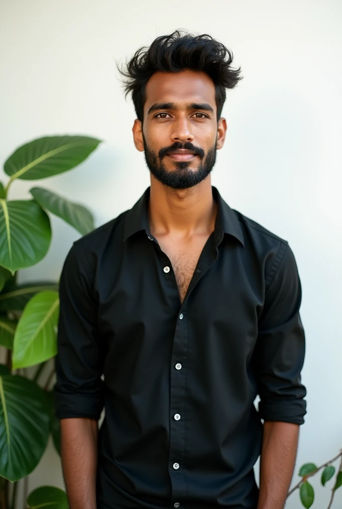 A handsome 20 years old indian boy , photoshoot, white background with green plants , simple pose , rough dry face skin , full body view , black shirt ,  with beard and moustache 