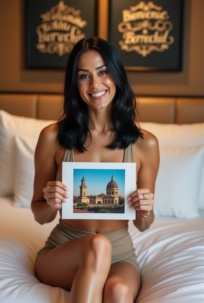 Une femme brune. Les cheveux raides, écartés ou un peu écartés du cou, pas longs, de couleurs noirs. Une femme un peu volumineuse par sa forme physique. Assise dans une grande chambre d'hôtel, sur un lit de l'hôtel, souriante, la tête droite, le regard droit fixé vers l'avant, portant dans ses mains une grande photo qu'elle montre bien vers l'avant de sorte que la photo qu'elle montre soit un peu décollée de sa poitrine et derrière elle, accroché sur le mur, un tableau avec 2 écritures sur le tableau. L'une qui dit en arabe : Bienvenue à Berrechid et la deuxième en langue française qui dit : Bienvenue à Berrechid.
