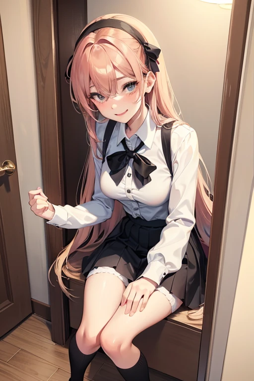 Young man, crossdressing, wig, fake breasts, shirt, skirt, knee socks, smiling, shy, modest, looking in the mirror