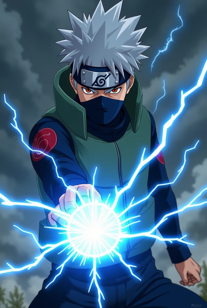 Kakashi Hatake using his chidori jutsu with angry face , and lightning ora