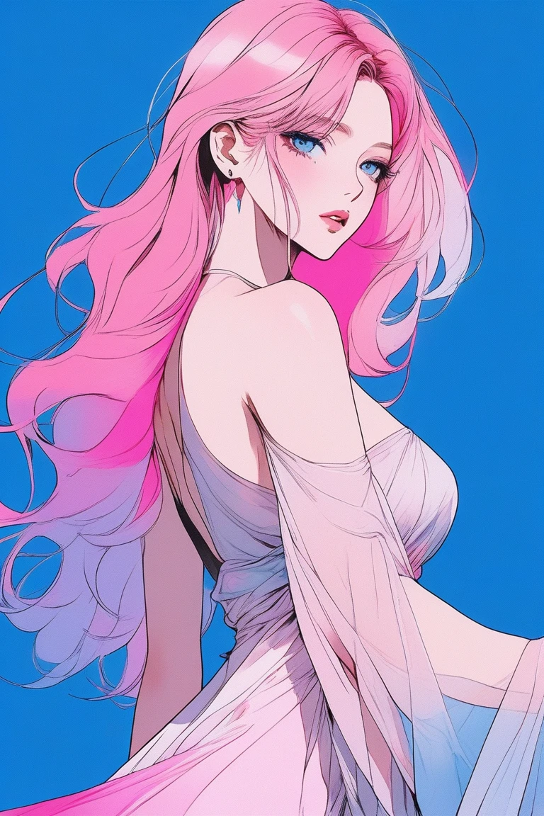 Illustrator, anime , Realistic ,sketch , 1 person, model, Age 25, lip, A revealing, sheer chiffon wrap dress, order, Blue and pink gradient background, Neon Medium Hair, Big Breasts, look back, A rose in one hand, Sexy look, Texture Trim, Canadian, (masterpiece,Highest quality)