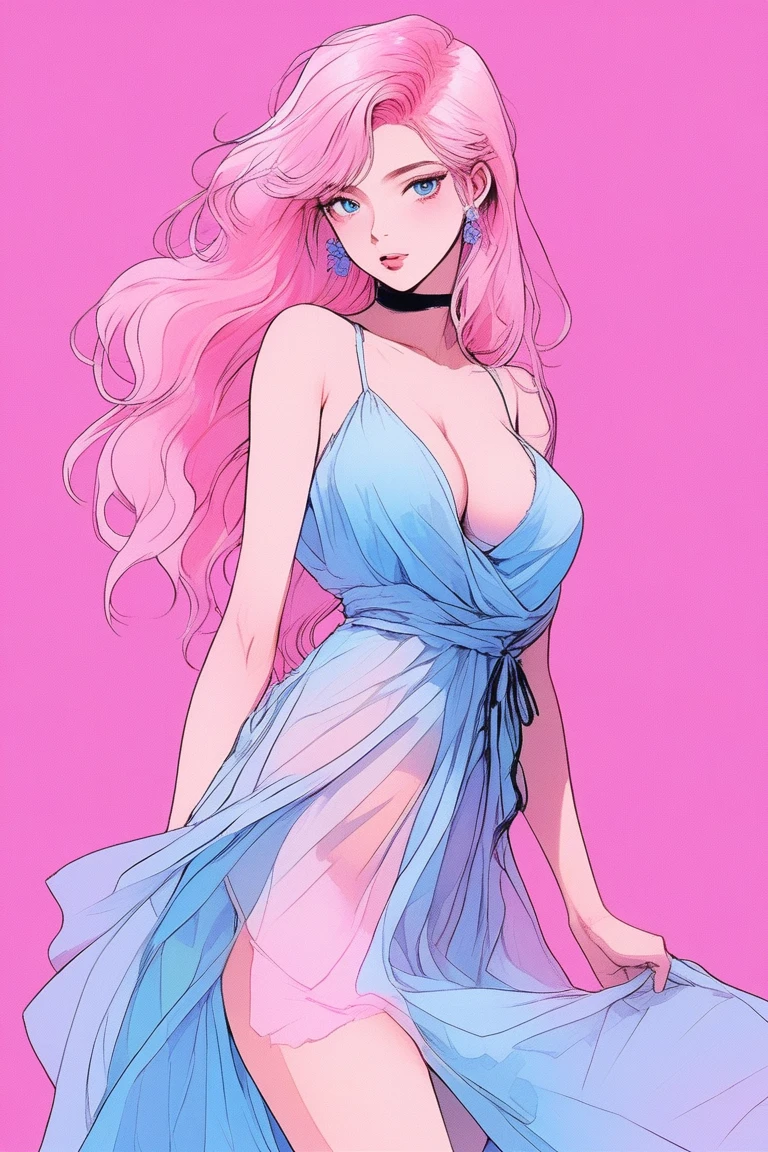 Illustrator, anime , Realistic ,sketch , 1 person, model, Age 25, lip, A revealing, sheer chiffon wrap dress, order, Blue and pink gradient background, Neon Medium Hair, Big Breasts, look back, A rose in one hand, Sexy look, Texture Trim, Canadian, (masterpiece,Highest quality)