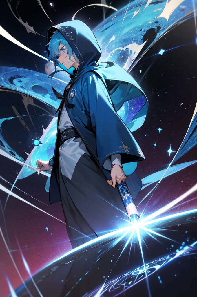 A young man with blue hair and blue eyes, wearing a blue hooded robe, unfolding a huge black magic circle, background: a distortion in space-time, an asteroid belt, a supernova explosion in his hand, a huge compass with runes on it behind him, a magic circle being created
