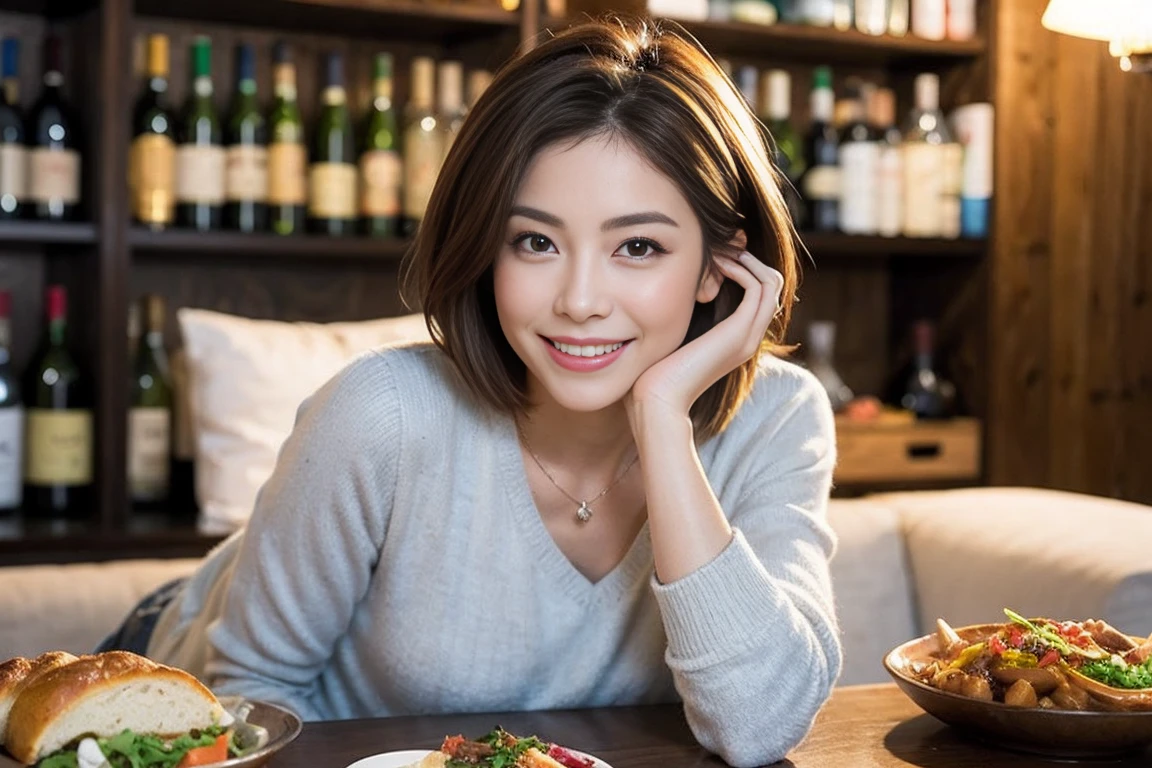(Realistic:1.1),(masterpiece,Highest quality),8k,(49 years old), 53 years old, ベリーslimボディ、slimカップル、Tight waist,Upper Body,full-course dinner、wine 、Amazing view of the sunset sky and clouds、Perfect Anatomy, Brown Hair, short hair,Random Hairstyles,((Highly detailed face and eyes:1.2)),Perfect golden ratio face,Long sleeve shirt、dress,(smile:1.2)、Shortcuts、cute、(Realistic, Intricate details:1.2), A bright smile、short hair,Bright Face、赤wine 、Appetizers、Italian food、wine bottle、Champagne、スパークリングwine、(slimな顔), (The body is slim), (Brown Hair), (Shortcuts), Upper Body, 白wine, slim, wineグラス,
