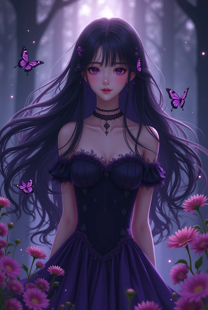 (photorealism:1.2), beautiful woman, UNIS Kotoko, Sailor Pluto, violet and black, black butterflies,