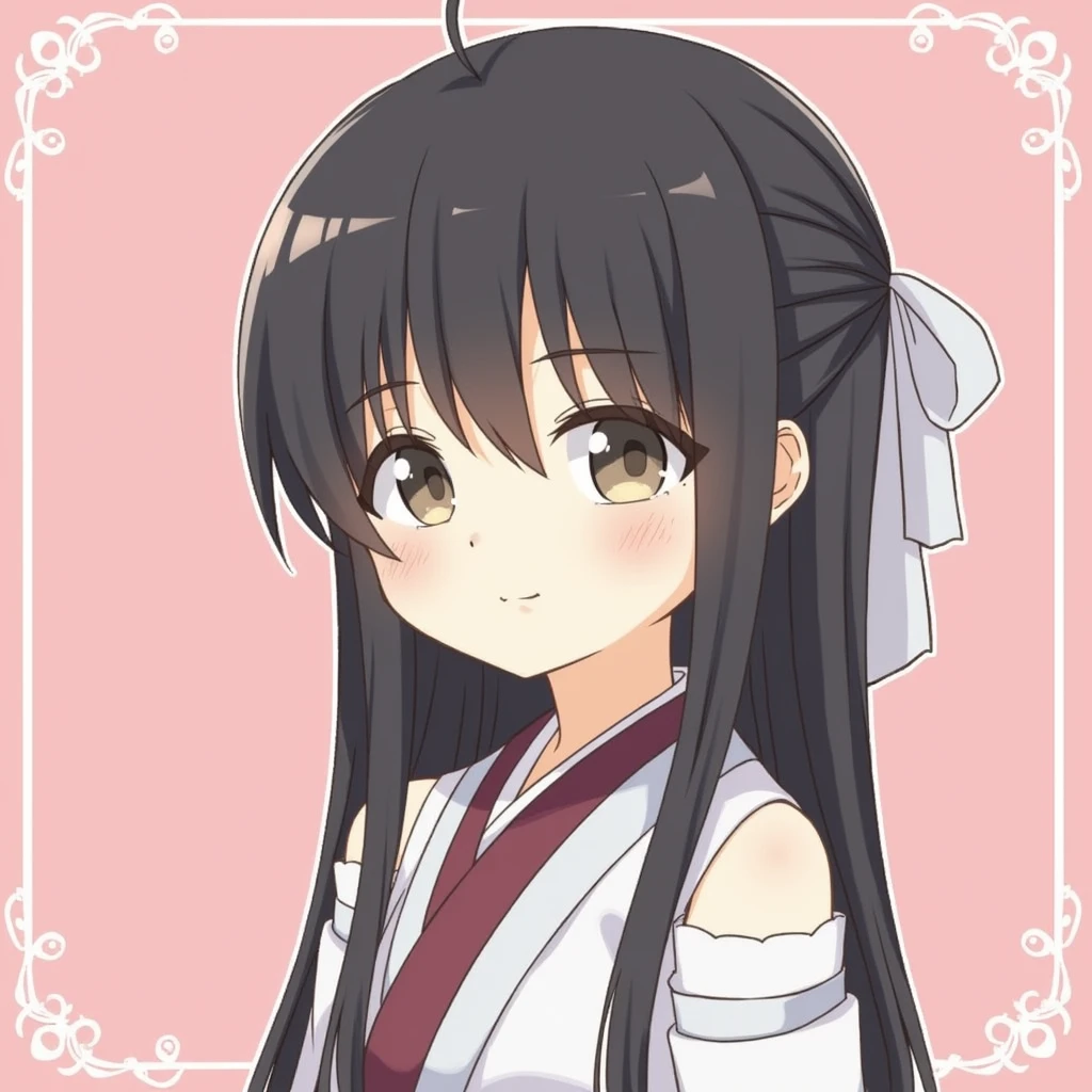 Long straight black hair。
Bangs。
She has her hair tied back with a white ribbon.。
Big Tits。Miko costume。