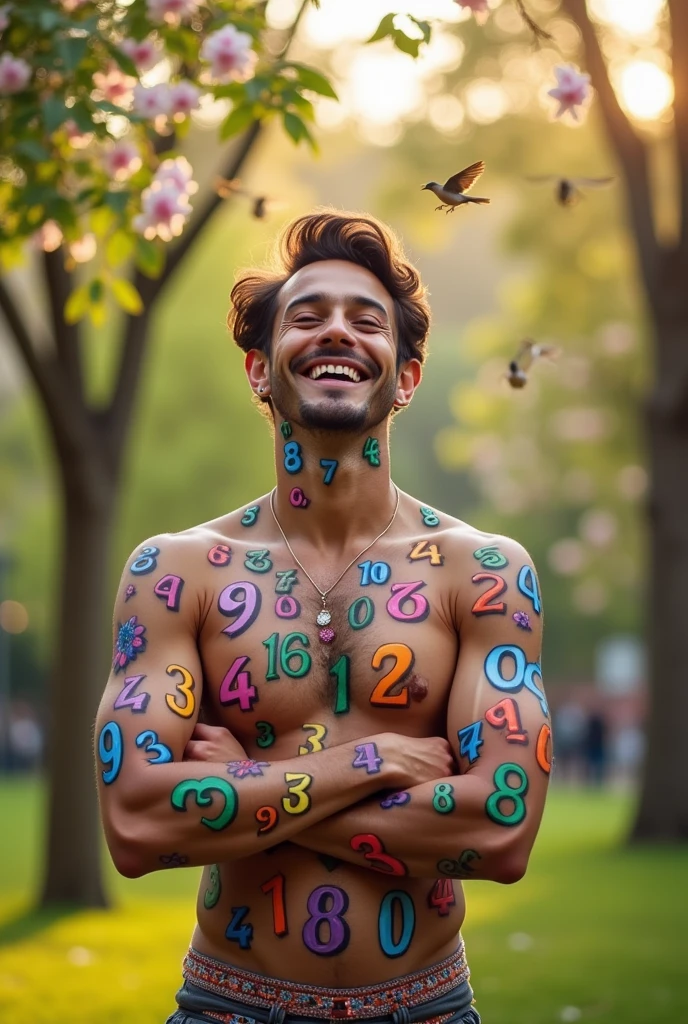 Happy man with lots of numbers on his body 