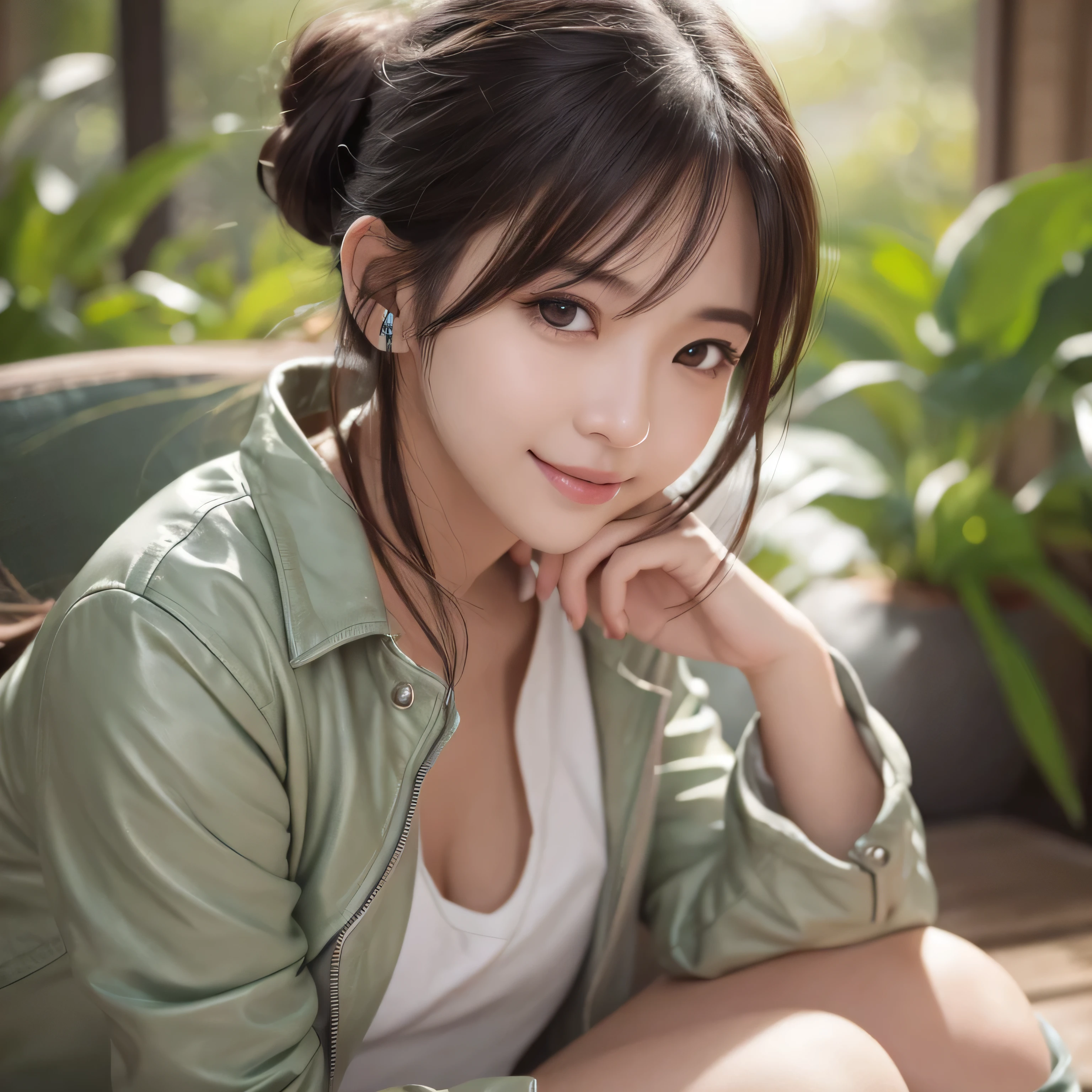 ((Hair Bun:1.3,lewisleathers doubleriderjacket,Riders jacket、Oversized cargo pants、White camisole at inner、Expressionless、美しいJapanese people women、cute、Small breasts))、university student、22 years old、Hair tied up、1people、Very beautiful Japanese idol portraits、RAW Photos,Highest quality、Genuine、Very delicate and beautiful,Very detailed,2k wallpaper,wonderful,In detail,Highly detailed CG Unity 8K wallpapers,Very detailed,High resolution,Soft Light,Beautiful detailed,Very detailed eyes and face,Beautiful and sophisticated nose,Beautiful and beautiful eyes,Cinema Lighting,(Simple light color background:1.3)、Complete Anatomy、Slender body、Small breasts、smile,｛Dim coffee｝、｛Lots of houseplants｝、 ｛Morning sunlight filtering through the trees｝、｛coffee｝、｛Hair tied up｝、｛sit cross-legged｝、美しいJapanese people women、Sharp focus, Perfect dynamic composition、Tilt your head、Close-up portrait, Model body type、 masterpiece、Highest quality、超High resolution、Ultra-high resolution photos、Smooth upscaled images 、HD resolution,、High Quality Boost,、Contrast Boost、Hyperrealism、Super fine、8k、elegant、 １people、Japanese people women、美しいJapanese people women、Ultra detailed face,、A captivating smile、cute、White skin、Fair skinの美しい肌、Brown eyes、Beautiful symmetrical face、Small face、Age 25、Beautiful black hair、 Beautiful small breasts、Skin between genuine people、Perfect figure、Perfect anatomical figure、whole body photos、Detailed and realistic people bodies、Detailed and realistic skin、Realistic face in every detail、Detailed and realistic eyes、Detailed and realistic lips、Detailed and realistic teeth、Detailed and realistic ears、Detailed and realistic hair、Beautiful Hands、Realistic feet down to the last detail、Realistic breasts down to the last detail、Realistic areola down to the last detail、Realistic nipples down to the last detail、Realistic female genitalia down to the smallest detail、Realistic vagina down to the last detail、Detailed and realistic clitoris、Realistic anus down to the last detail、Thick pubic hair with realistic detail、whole body、whole bodywhite skin、Fair skin、Check and fix the skeleton、Pubic hair is thick、Thick pubic hair、 Completely naked、urination、Pleasant expression、Blushing cheeks and an ecstatic expression, Leaking urine、A sex toy is inserted into the anus、Put your arms behind your back、Open your mouth、 In the mysterious forest、Wooden table、surrounded with plants、