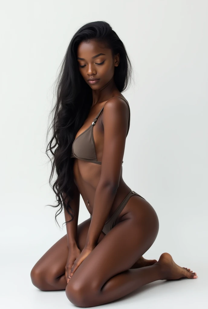 Woman, black skin, wearing bikini, kneeling pose, relaxed pose, head facing down, plain white background, studio shoot