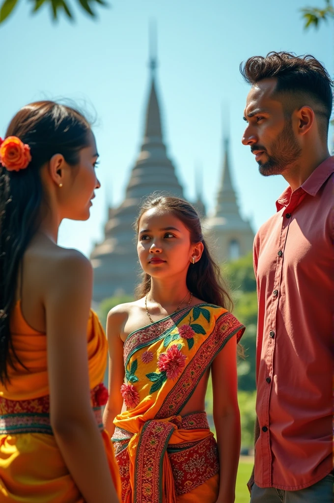 Creat a image off family standing white skin family, father looking at girls from Thailand in Thailand girls dancing in traditional clothes with horny expression wife looking at husband with engry face