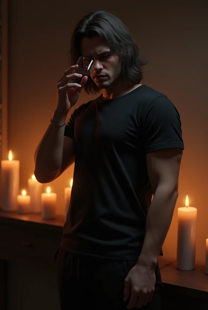 Creat a 3D image for a candle background,a men of black short and black pant casual,long hair style,he very sed and eye Wipping,handal a alcohol glass