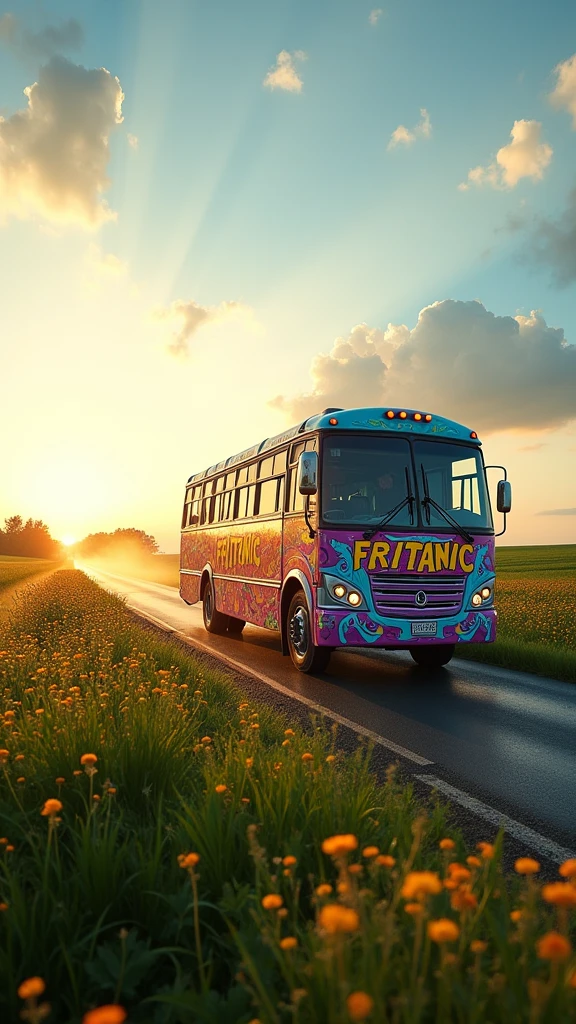 An ultra-realistic and highly detailed image of a tour bus with the name "FRITANIC" written on its side in playful letters. The bus has a psychedelic and cheerful paint job. The environment exudes positive energy. The bus is traveling on a country road early in the morning. The scene is captured with a Fujifilm X-T4 paired with a 16-55mm f/2.8 R LM WR lens, ensuring stunning clarity and rich colors. The lighting is soft and warm, with the early morning sun casting a golden glow on the bus and the surrounding countryside. The aspect ratio is 9:16, emphasizing the vertical composition