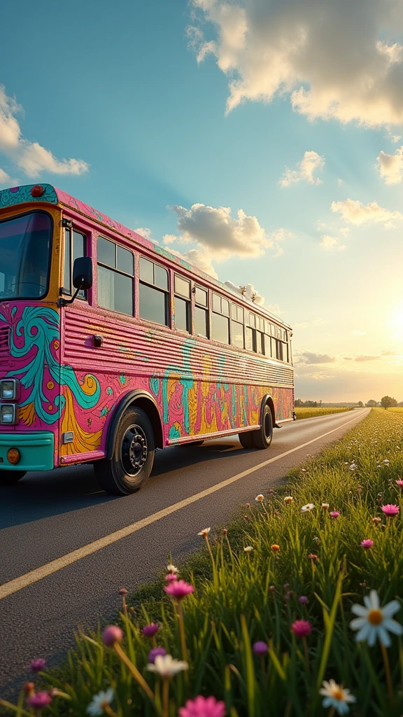 An ultra-realistic and highly detailed image of a tour bus with the name "FRITANIC" written on its side in playful letters. The bus has a psychedelic and cheerful paint job. The environment exudes positive energy. The bus is traveling on a country road early in the morning. The scene is captured with a Fujifilm X-T4 paired with a 16-55mm f/2.8 R LM WR lens, ensuring stunning clarity and rich colors. The lighting is soft and warm, with the early morning sun casting a golden glow on the bus and the surrounding countryside. The aspect ratio is 9:16, emphasizing the vertical composition