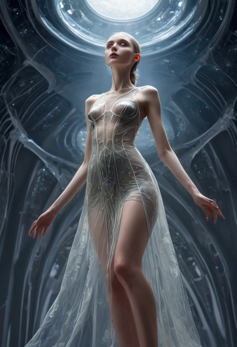 (masterpiece),(best quality:1.0), (ultra highres:1.0), beautiful young alien woman, tall, thin, pale, wearing a transparent dress, full body, small breasts, seen from below, nsfw