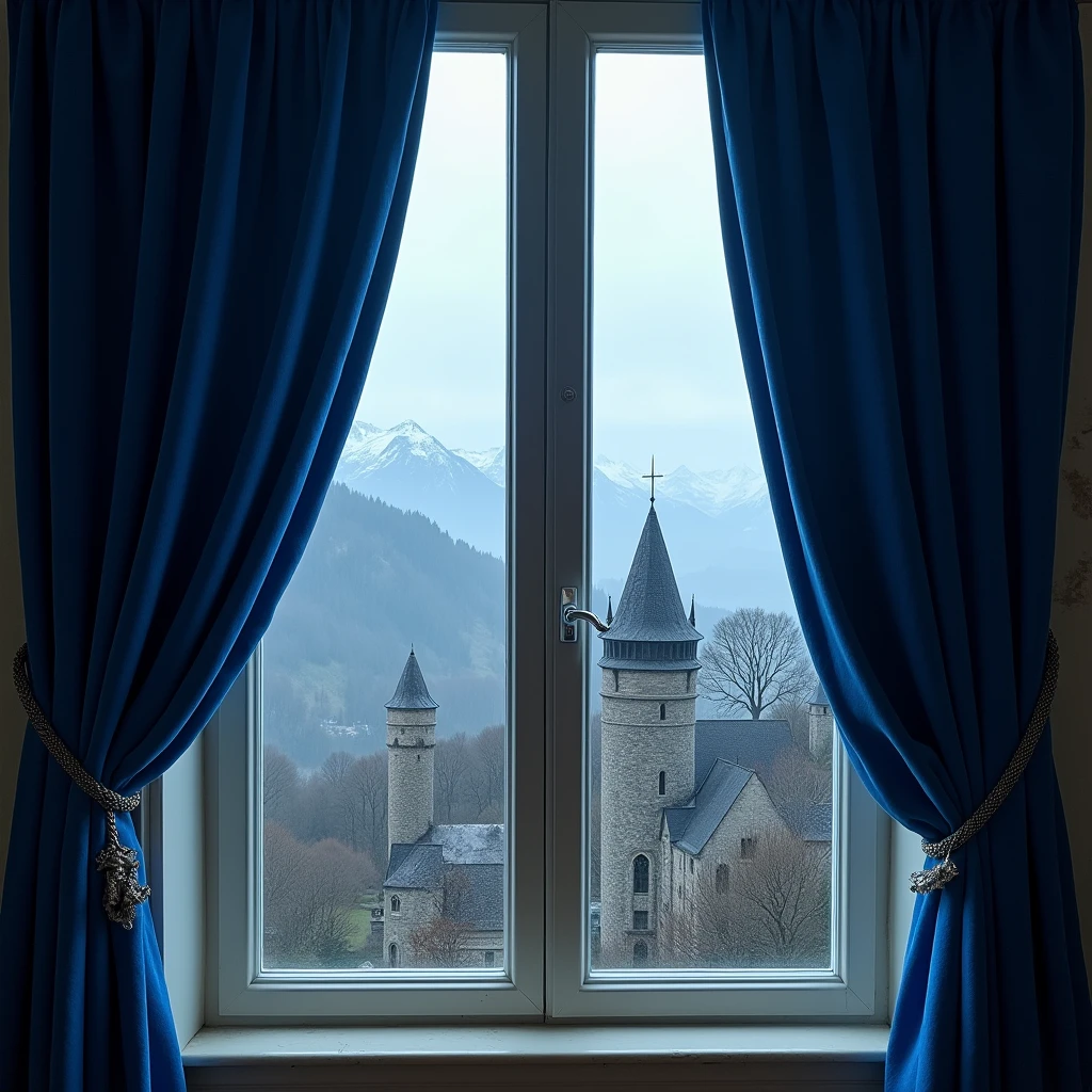 The curtains were a heavy, deep blue velvet, with silver braided pulls. I hauled them open with considerable effort. The window revealed a near- perfect mirror of the view from my room in the Nightborn castle. In the distance, its silhouette was reduced to a series of vicious peaks and moon- silver domesBuildings that were small in the distance from my bedroom window were now so close I could see every imperfection... of which there were many. Yes, the architecture was grand, but gold paint flak