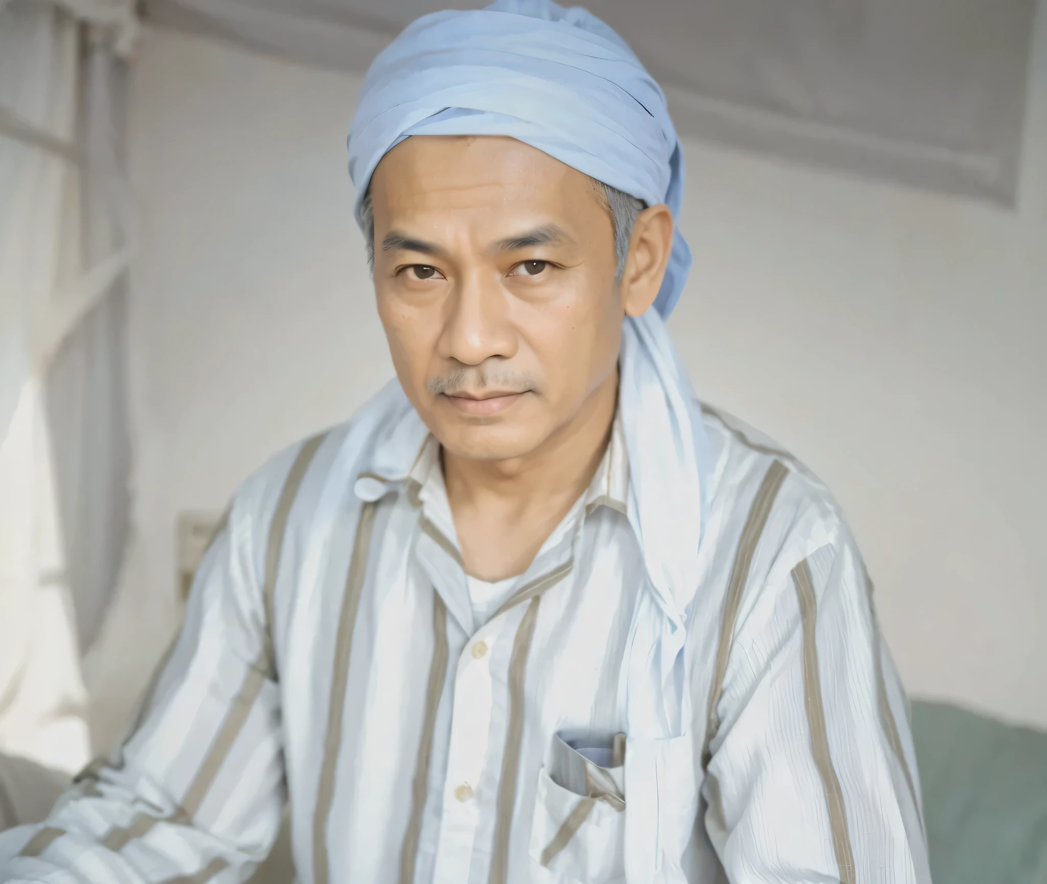 Malay male, 50 years old, similar face, similar pose, wearing white turban, similar clothes, similar background, looks very real and natural, hyperrealistic, lighting 