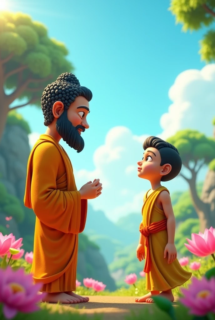 In 3D animation style:Gautam Buddha gently asking the villager, "If you give a gift and it is not accepted, who does it belong to?" The villager looks puzzled.
