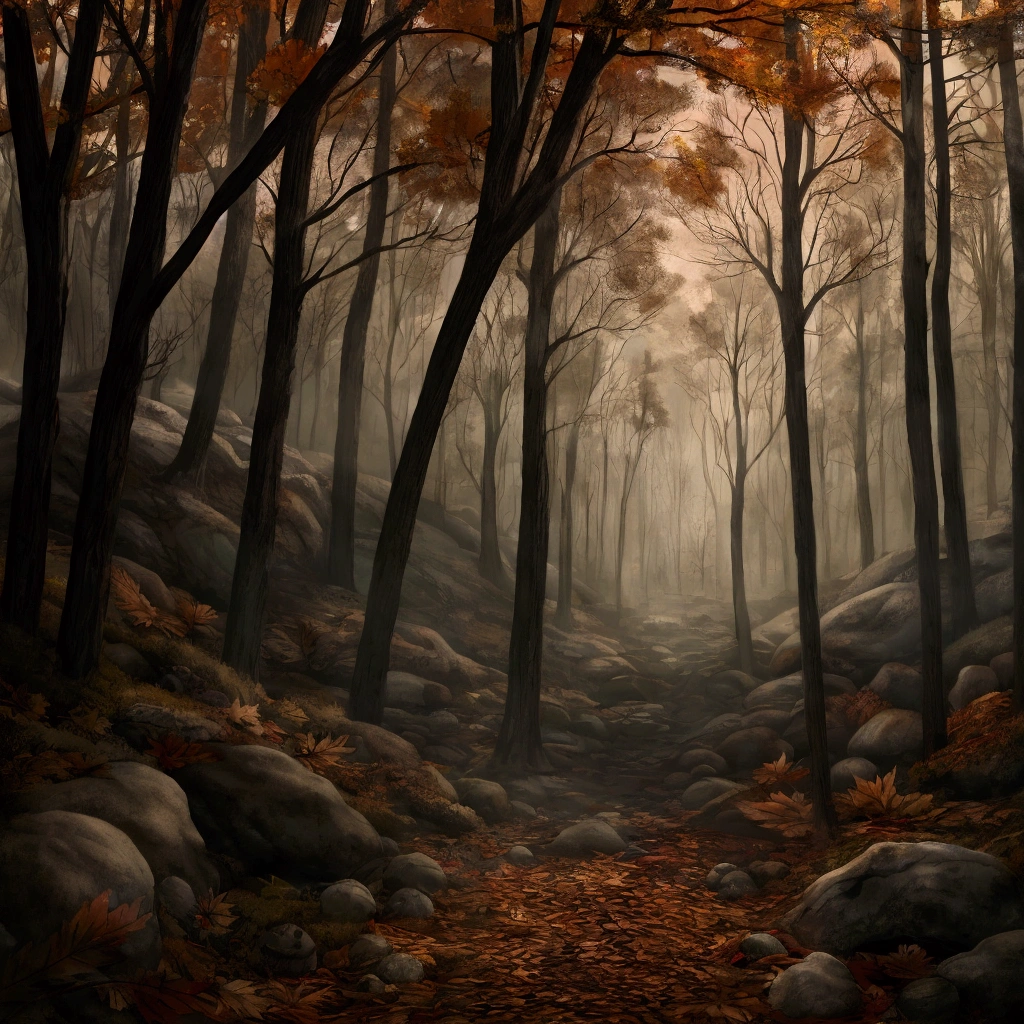 a highly detailed 8k hyperrealistic masterpiece panoramic landscape, autumn forest, bones scattered on fallen leaves, red autumn foliage, gloomy haunting atmosphere, small rocks in dense shadowy woods, horror, cinematic lighting, evening, terrible horror atmosphere, dense vegetation