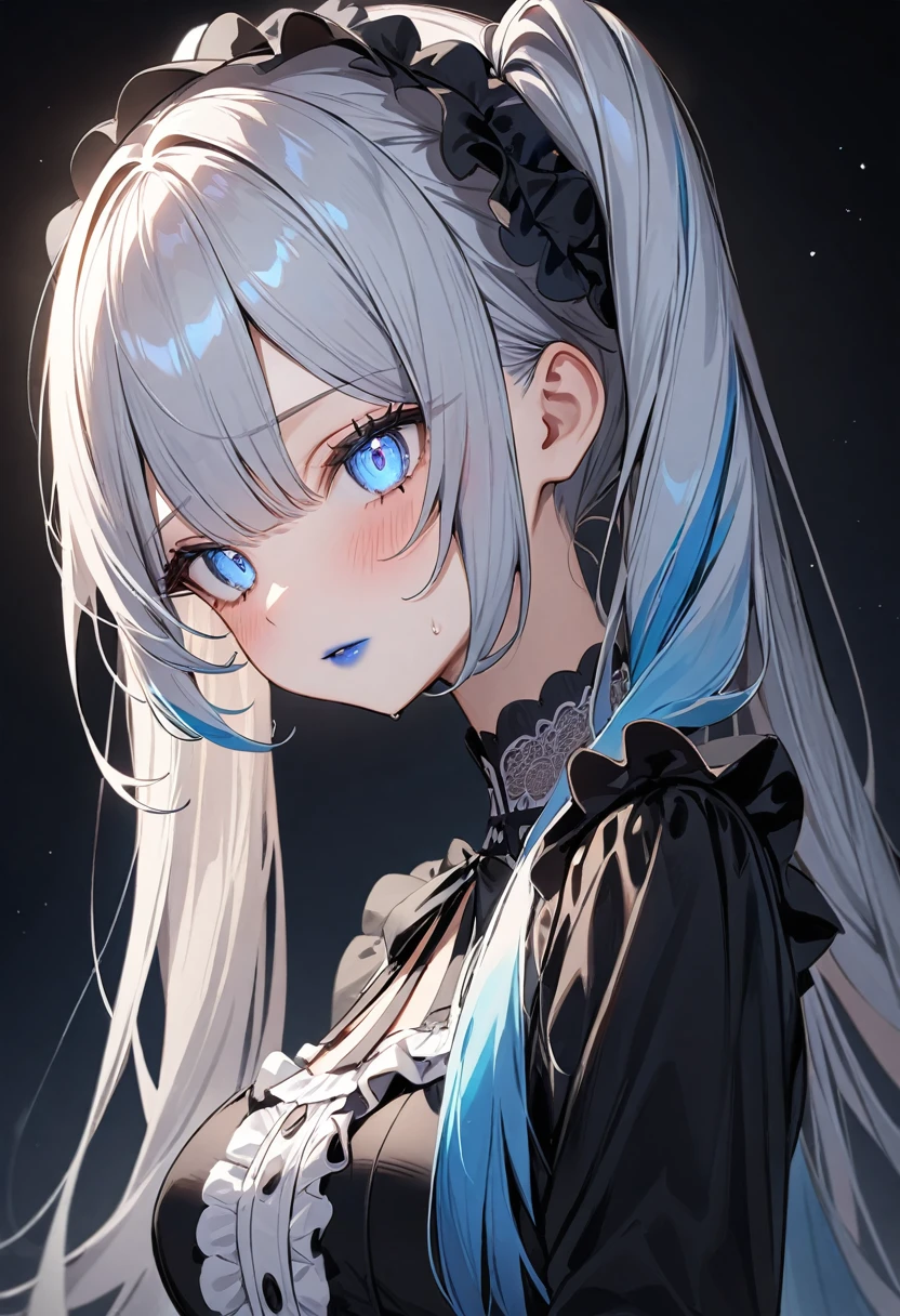 (masterpiece, top quality, very aesthetic, 4k、illustration), intricate detail, 1woman,solo,contrapposto 、(from side)、Strong glowing eyes、Fair skin,(upper body)、sleepy 、twintails、(Blue lipstick),beautiful face、Blushing,(gradient hair)、multicolored hair,middle hair,sidelock ,blue eyes、gothic ta dress、medium breasts、slender 、