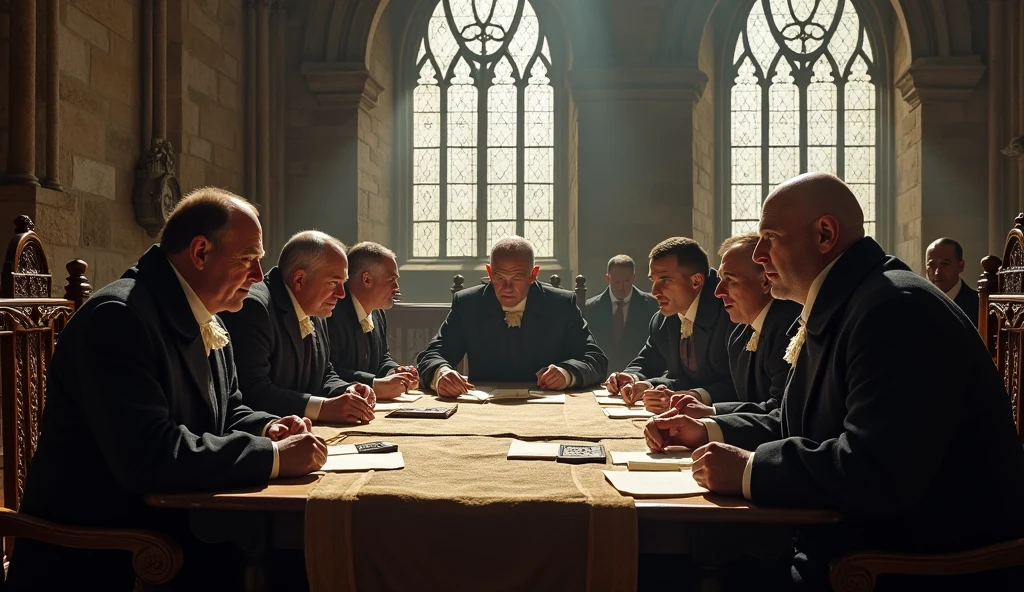 A detailed scene of the Synod of Dort, held at the beginning of the 17th century. The image should show a group of theologians and scholars gathered in a austere meeting room. They are dressed in clerical clothes of the period, such as dark wool suits and white collars. The central table is laden with books, Parchments and documents, while the participants are engaged in intense discussions. The background setting may include Gothic windows and wooden chairs, reflecting the architecture and style of a synod of the time."