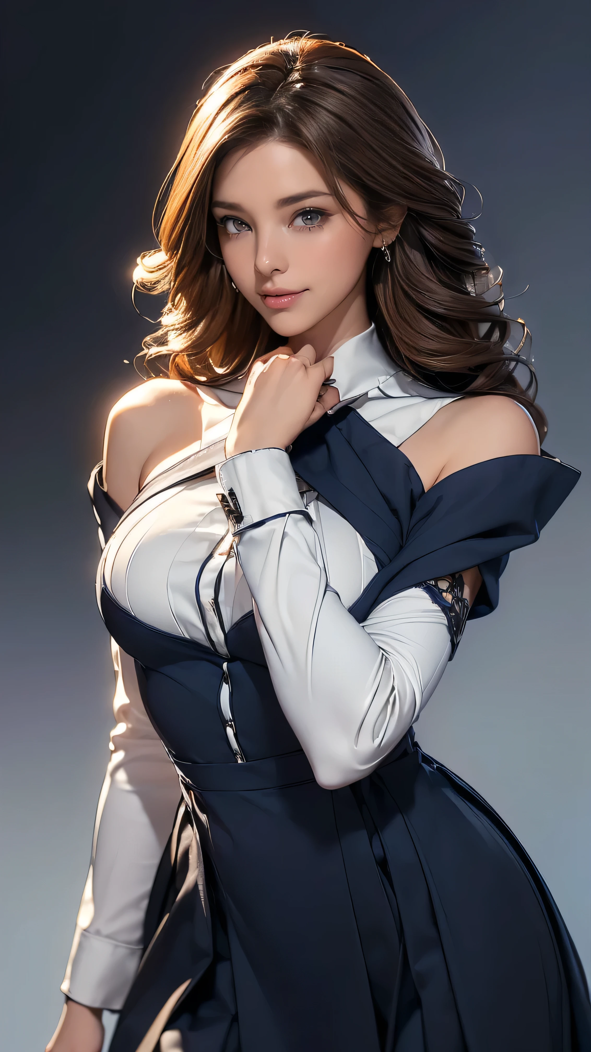 ((Highest quality,4K,High resolution,masterpiece:1.2)),((Character Concept Art)), 1 female, 20-year-old women, ((Shoulder-length brown hair、Hair curled loosely inwards)), (Skin as white as snow), Very detailed eyes (Brown Eye Color), have confidence, beautiful, slim body build, Big Breasts、((Intricate details)), Very finely crafted needles, Very finely crafted fingers(((10 fingers))), ((Mini shitts dress_navy dress_long sleeves_with white collar_with white cuff_edge of the skirt is white colouerd:1.3)), (Full-body showcase), (Show whole body),A shy smile、((In the hustle and bustle of the city:1.2))、((Standing with grace、left Hand on her chin:1.5))