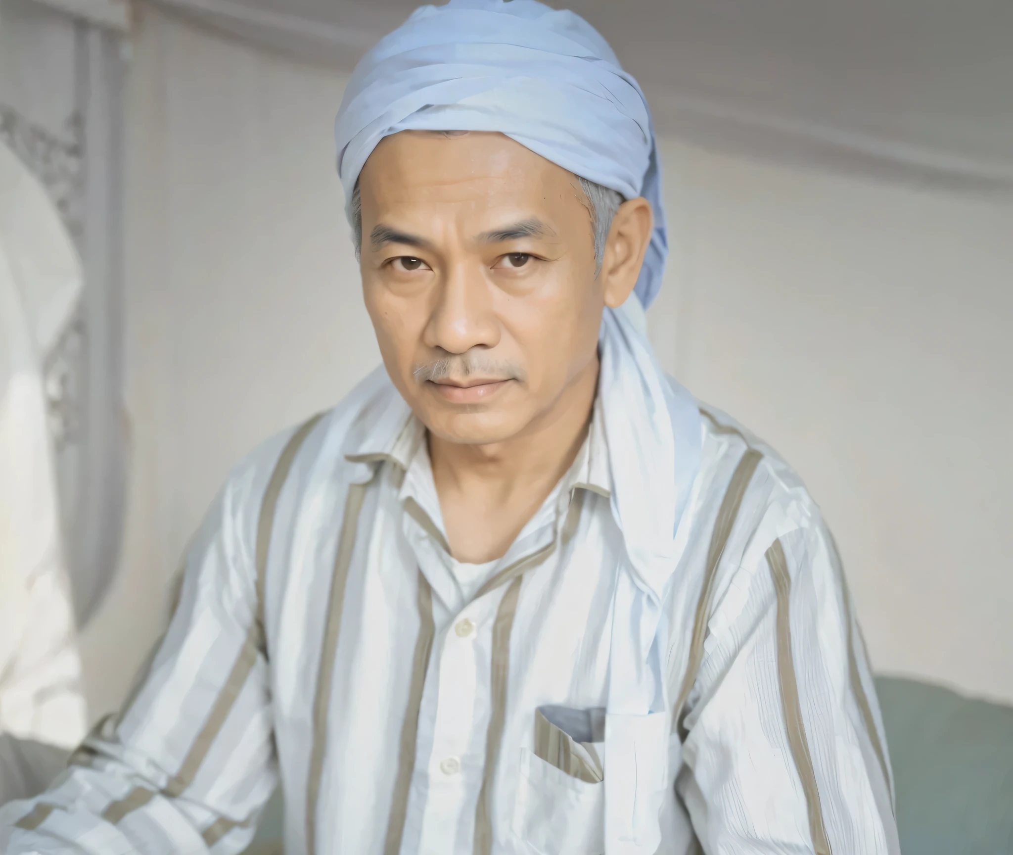 Malay male, 50 years old, similar face, similar pose, wearing white turban, similar clothes, similar background, looks very real and natural, hyperrealistic, lighting