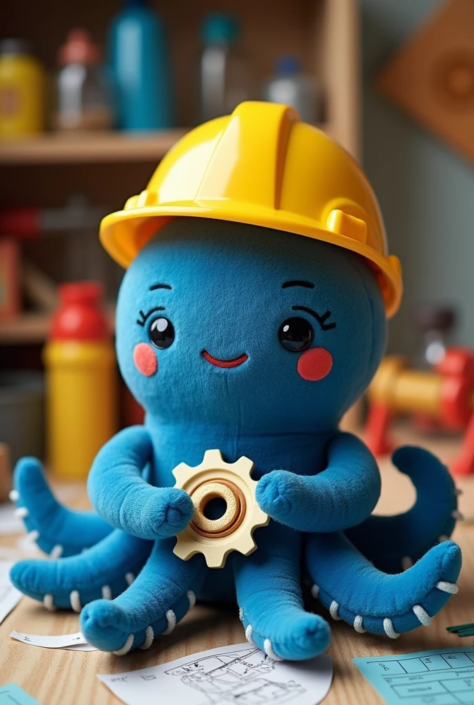 A stuffed octopus in dark blue and light blue, wearing glasses, with kind eyes that convey joy and sympathy, and sporting a yellow construction helmet, holding a gear in its tentacles 