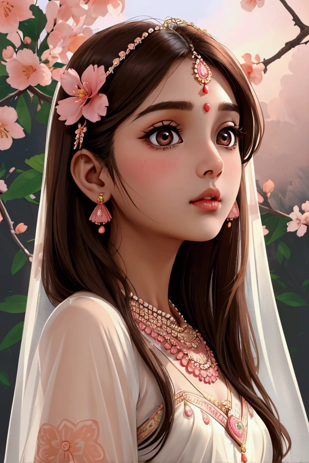 Beautiful and charming Indian bride、Translucent brown skin、Half-body photo、Attractive oval face、double eyelid、Bright peach blossom eyes、Pink Lips、Small Nose、Concentrated face、profile、Looking up at the sky、Face close-up、Ultra-high resolution、Super detailed、Graceful posture、National costume。