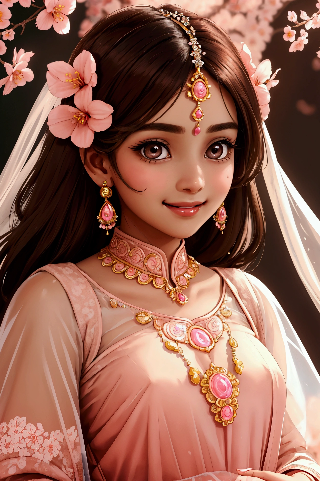 Beautiful and charming Indian bride、Translucent brown skin、Half-body photo、Attractive oval face、double eyelid、Bright peach blossom eyes、Pink Lips、Small Nose、Concentrated face、smile、Face close-up、Ultra-high resolution、Super detailed、Graceful posture、National costume。