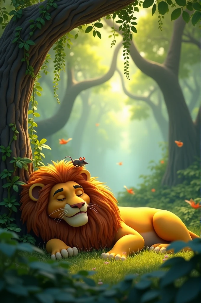 In 3d animation style " A dense jungle with tall trees, vines, and a large, majestic lion peacefully sleeping under a tree. A small, playful mouse is climbing onto the lion’s back, unaware that it is disturbing the king of the jungle"