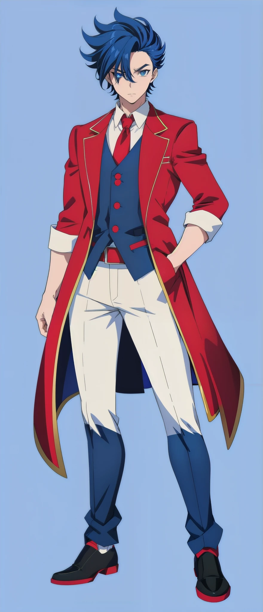 anime boy, dark blue hair, blue eyes, red suit, black pants, white sleeves, simple background, (beautiful and aesthetic:1. 5), thick black lineart, clean lineart, perfect lineart, sharp lineart, best quality, high quality, best quality, ultra-detailed, HD, beautiful lighting,