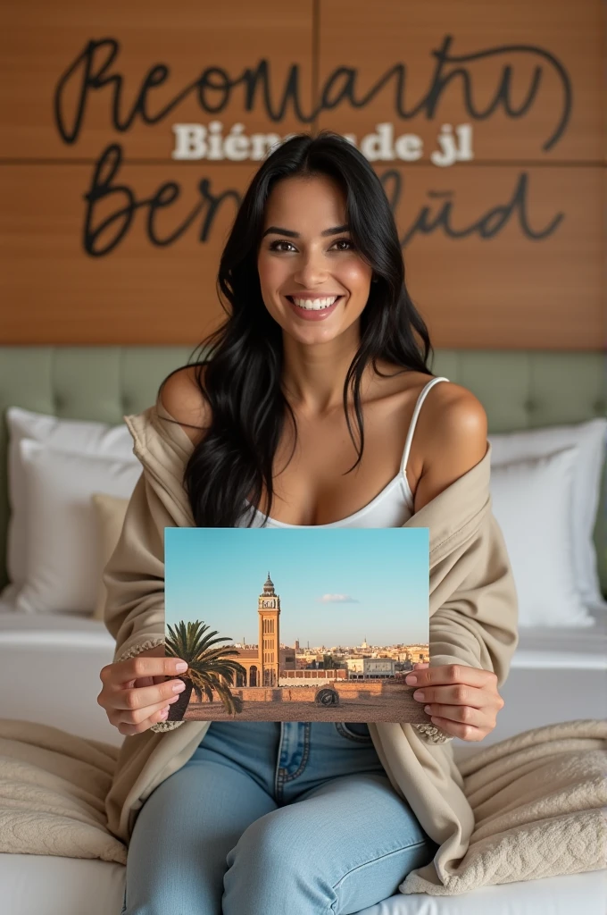 Une femme brune. Les cheveux raides, écartés ou un peu écartés du cou, pas longs, de couleurs noirs. Une femme un peu volumineuse par sa forme physique. Assise dans une grande chambre d'hôtel, sur un lit de l'hôtel, souriante, la tête droite, le regard droit fixé vers l'avant, portant dans ses mains une grande photo qu'elle montre bien vers l'avant de sorte que la photo qu'elle montre soit un peu décollée de sa poitrine et derrière elle, accroché sur le mur, un tableau avec 2 écritures sur le tableau. L'une qui dit en arabe : Bienvenue à Berrechid et la deuxième en langue française qui dit : Bienvenue à Berrechid.