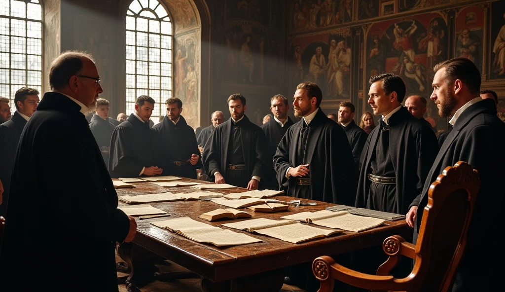 A detailed scene of the Synod of Dort, held at the beginning of the 17th century. The image should show a group of theologians and scholars gathered in a austere meeting room. They are dressed in clerical clothes of the period, such as dark wool suits and white collars. The central table is laden with books, Parchments and documents, while the participants are engaged in intense discussions. The background setting may include Gothic windows and wooden chairs, reflecting the architecture and style of a synod of the time."