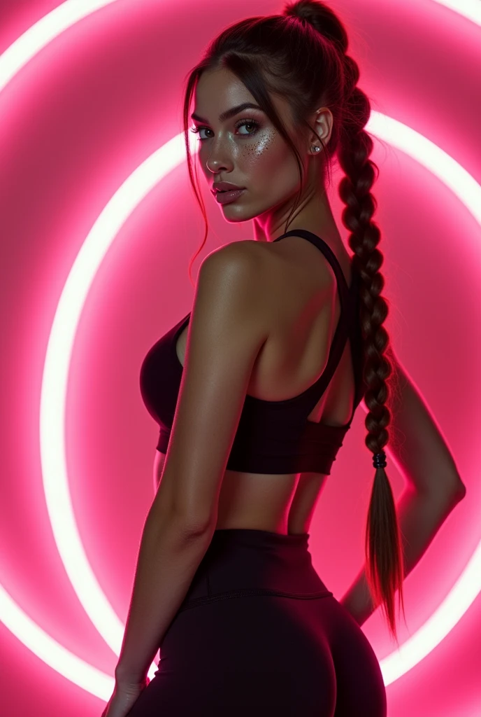 Brown-haired woman with freckles on her nose. Sexy woman in sports sexy clothes, sports top, sports leggings. Large breasts, curvy medium shapes and bulging buttocks, 20% body fat. Several views from the front and back. She is wearing sneakers. Two long braids. Emerald green eyes. The photo is taken from the front, the model is standing in front half-turned, High resolution image. Realistic image, sports zas on the right of the mirror in the floor and in the background a neon pink ring, full-length image, super detailed skin. (((best quality))), nsfw --style reality --no nsfw --ar 3:2 -imagine -