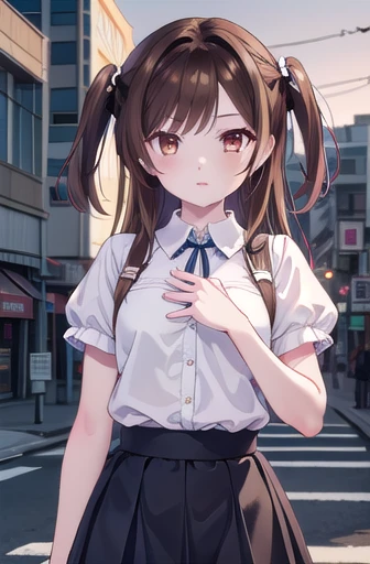 mizuharachizuru, Mizuhara Chizuru, Long Hair, Brown Hair, (Brown eyes:1.7), (One side up:1.5), bangs, Braiding, hair Braiding,
break shirt, Short sleeve, Puff sleeves, Collared shirt, white collar, Pink Shirt, skirt, blue skirt,
break outdoors, city,
break looking at viewer, (Cowboy Shot:1.5),
break (masterpiece:1.2), Highest quality, High resolution, unity 8k wallpaper, (figure:0.8), (Beautiful attention to detail:1.6), Highly detailed face, Perfect lighting, Highly detailed CG, (Perfect hands, Perfect Anatomy),