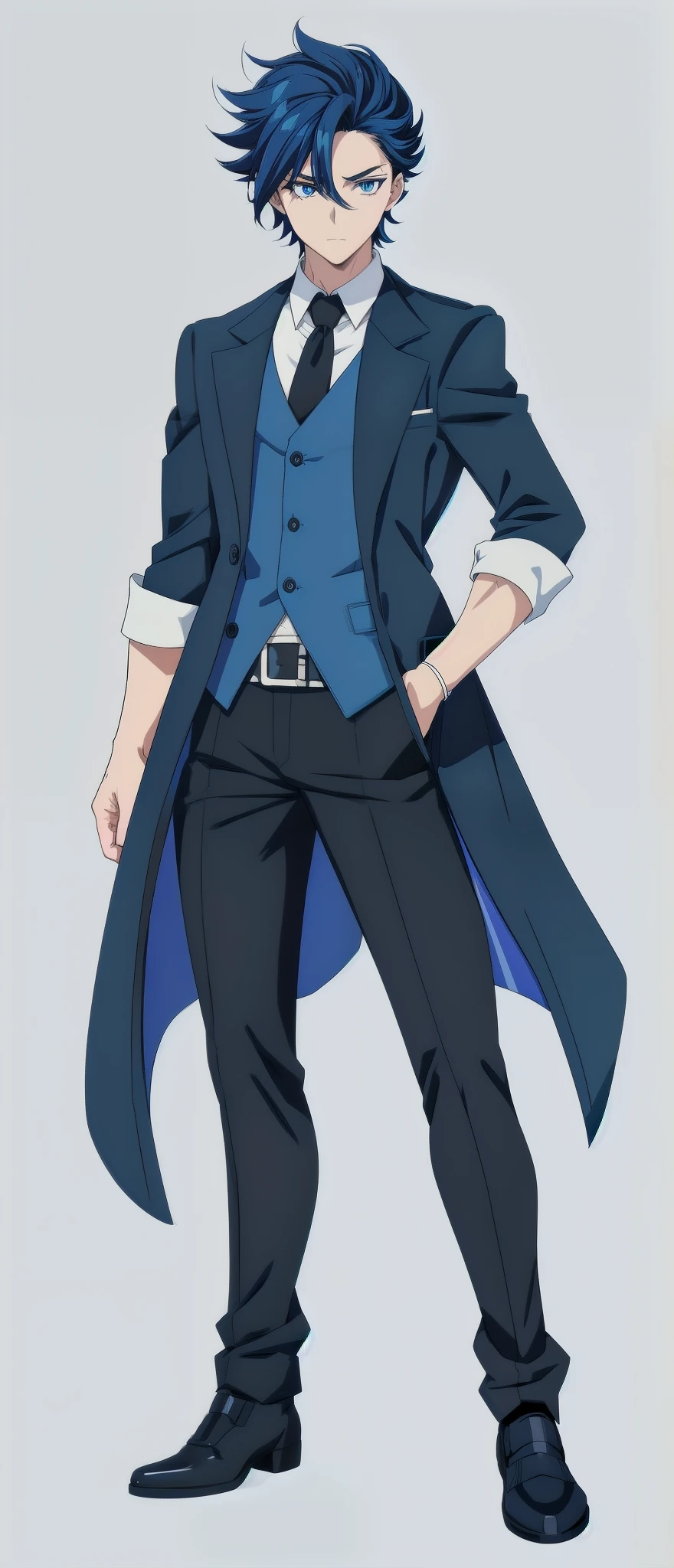 anime boy, dark blue hair, blue eyes, black suit, black pants, white sleeves, simple background, (beautiful and aesthetic:1. 5), thick black lineart, clean lineart, perfect lineart, sharp lineart, best quality, high quality, best quality, ultra-detailed, HD, beautiful lighting, 