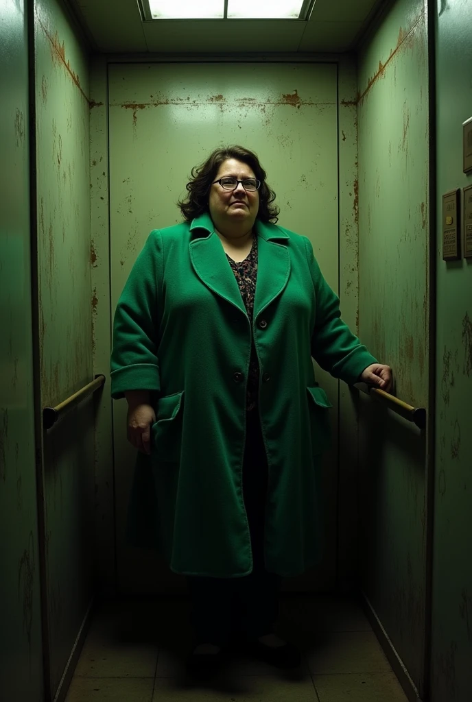 A fat lady wearing old green coat ballooning her. The background is elevator. The elevator is too small it has dirty walls poor lighting and is very old