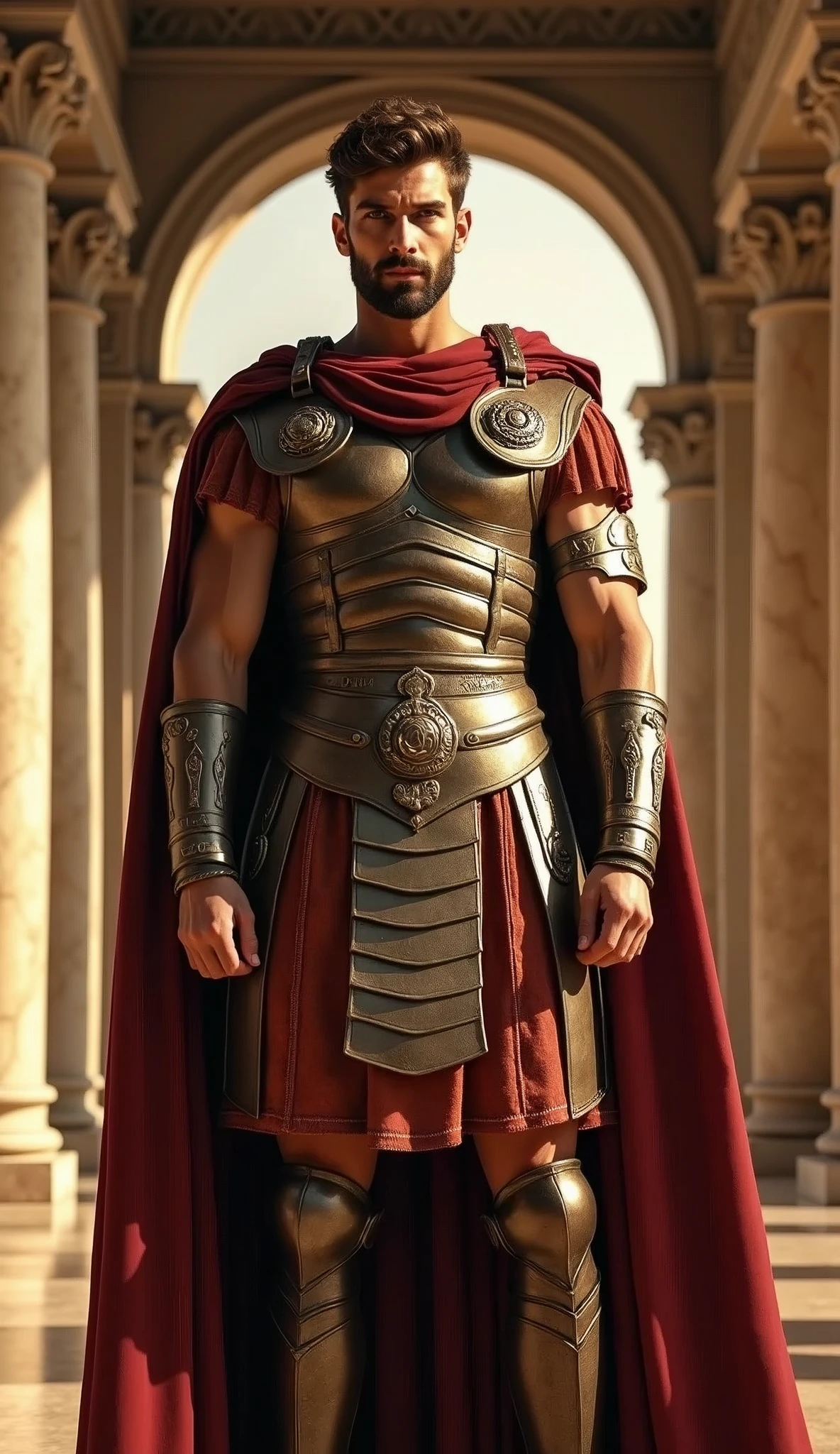 Front view , Full-body looking at viewer, sole, Antonius standing in an ancient Roman palace, standing pose, a male is 41 years old, handsome,( wave perm , brown hair , Serious), normal body, ((Ancient Russia-Ma army armor and helmet Leather clothes and leather ska worn underneath-T-shaped clothing、Sandals)), And other royal accessories, Standing in a grand ,(Textured skin , HI Detail Skin, (Shorthand, Canon, 8k, Anatomically correct, Super Detail, Attention to detail, Your Highness)
