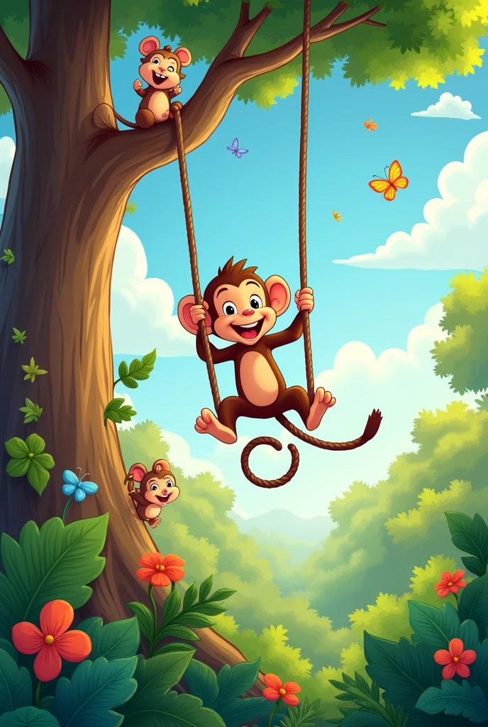 Here’s a prompt you can use to generate an image related to a nursery song:

"A vibrant and cheerful scene of a playful monkey named Monty and his little mouse friend, Chinku, having fun in a lush, green jungle. Monty is happily climbing a tall tree with Chinku sitting on his shoulder, both smiling with joy. The jungle is filled with colorful flowers, butterflies, and friendly animals watching them with admiration. The sky is bright and clear, and there's a sense of excitement and friendship in the air, capturing the lively and playful mood of a nursery rhyme."

If you'd like to create an image from this description, just let me know!