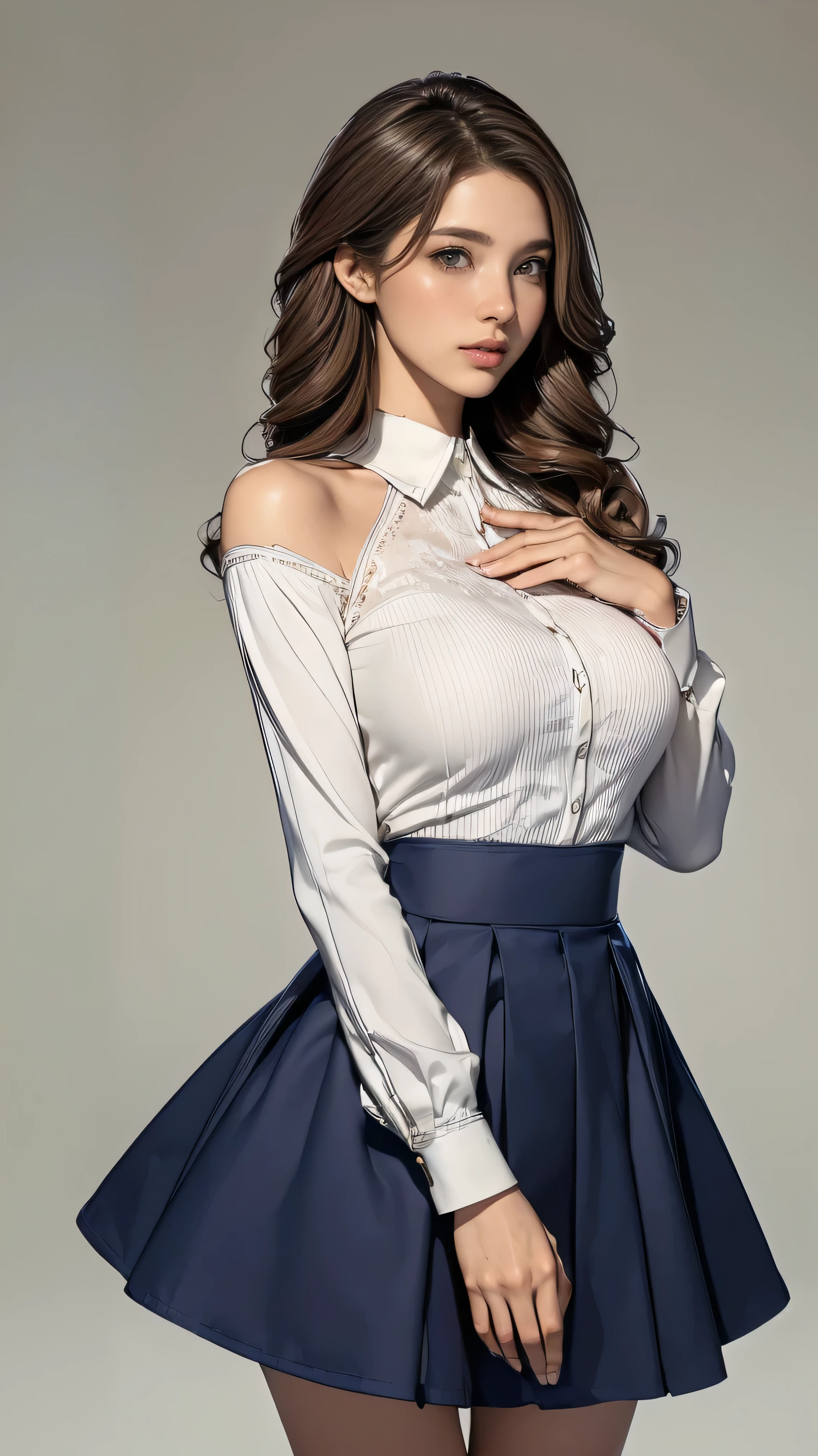 ((Highest quality,4K,High resolution,masterpiece:1.2)),((Character Concept Art)), 1 female, 20-year-old women, ((Shoulder-length brown hair、Hair curled loosely inwards)), (Skin as white as snow), Very detailed eyes (Brown Eye Color), have confidence, beautiful, slim body build, Big Breasts、((Intricate details)), Very finely crafted needles, Very finely crafted fingers(((10 fingers))), ((Mini shitts dress_navy dress＿long sleeves_with white collar_with white cuff_edge of the skirt is white colouerd:1.3)), (Full-body showcase), (Show whole body),A shy smile、((In the hustle and bustle of the city:1.2))、((Standing with grace、left Hand on her breast:1.５))