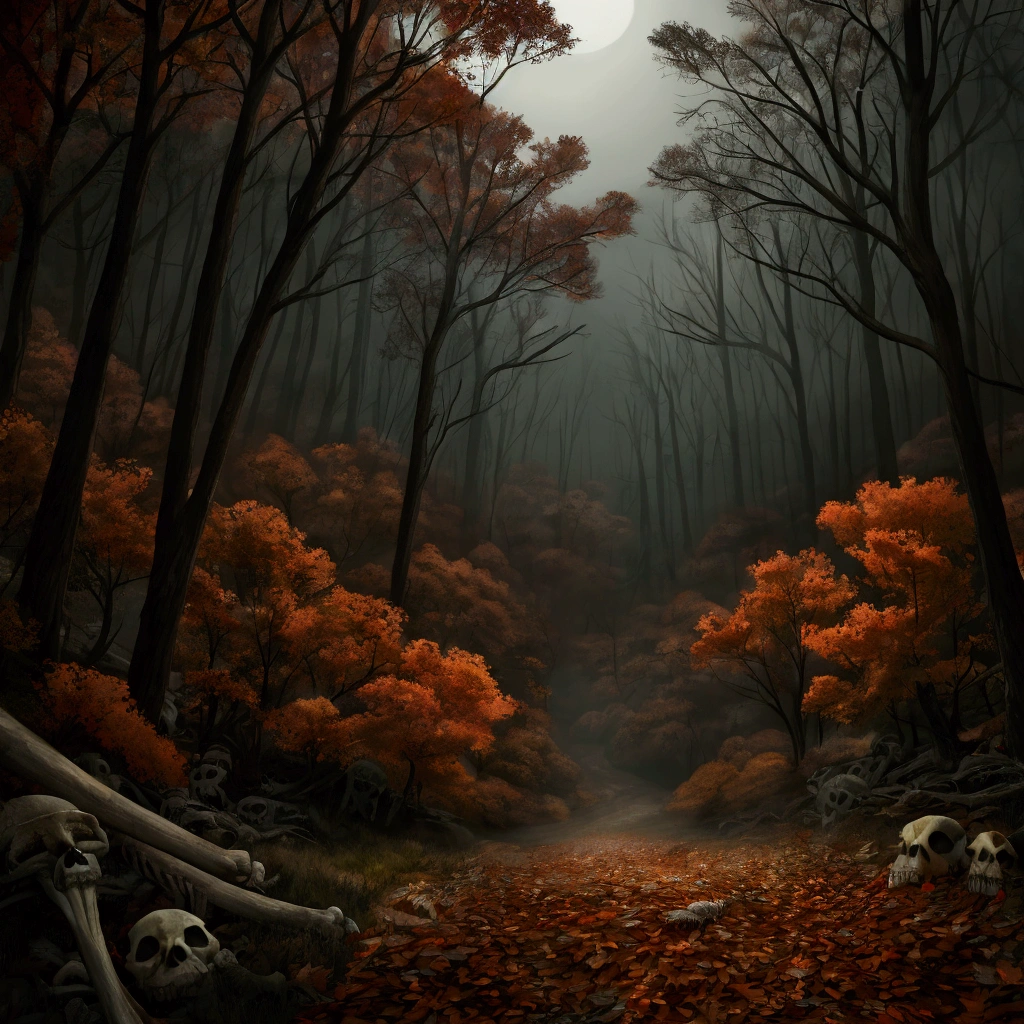 a highly detailed 8k hyperrealistic masterpiece panoramic landscape, autumn forest, bones scattered on fallen leaves, red autumn foliage, gloomy haunting atmosphere, small rocks in dense shadowy woods, horror, cinematic lighting, evening, terrible horror atmosphere, dense vegetation, Night,