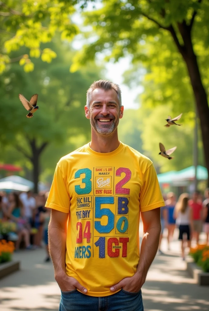 Happy man with lots of numbers on his t-shirt