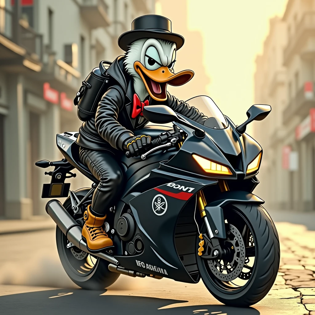 Donald Duck, a gangster on a black Yamaha R1 motorcycle, angry in the style of an old fable.


