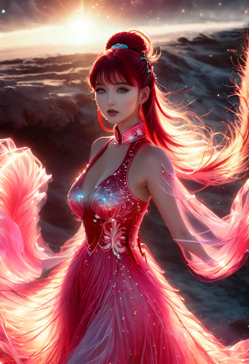 8K Ultra HD, Masterpiece, Best quality, A beautiful girl, very long hair, Impressive hairstyle, Royal hair accessories, nice and cute face, Flawless face, Jewelry earrings, detailed eyes, beautiful eyes, meticulous makeup, Thin eyebrows, Beautiful red lips, huge breasts, Thin pink flowing dress, long bangs and long platinum-red ponytail, Realistic colors, Magic effects and magical aura, ancient hanfu background, flying in the air , Full body capture,