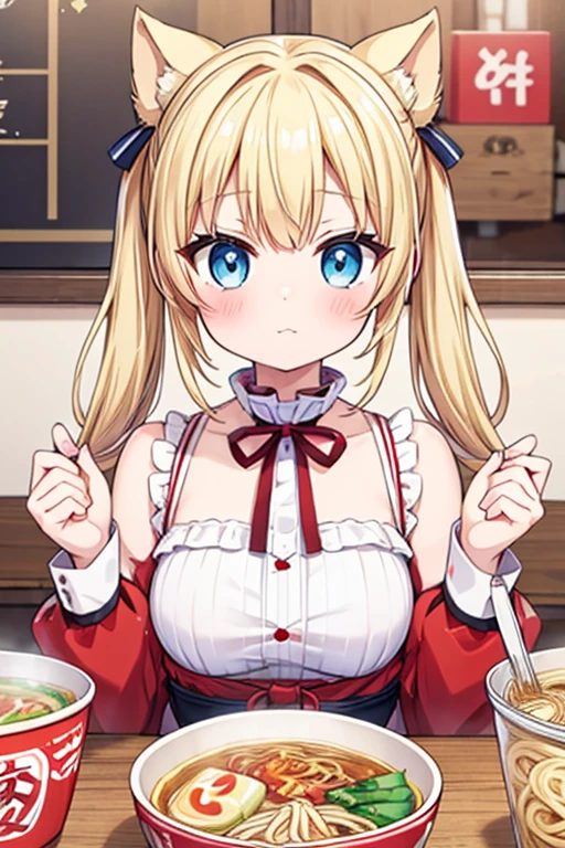 Eat a mountain of ramen,Highest quality,Blonde with blue eyes、Lolita、Small breasts、Twin tails、girl&#39;mischief,smile,10歳,山のようにそびえ立つラーメン,