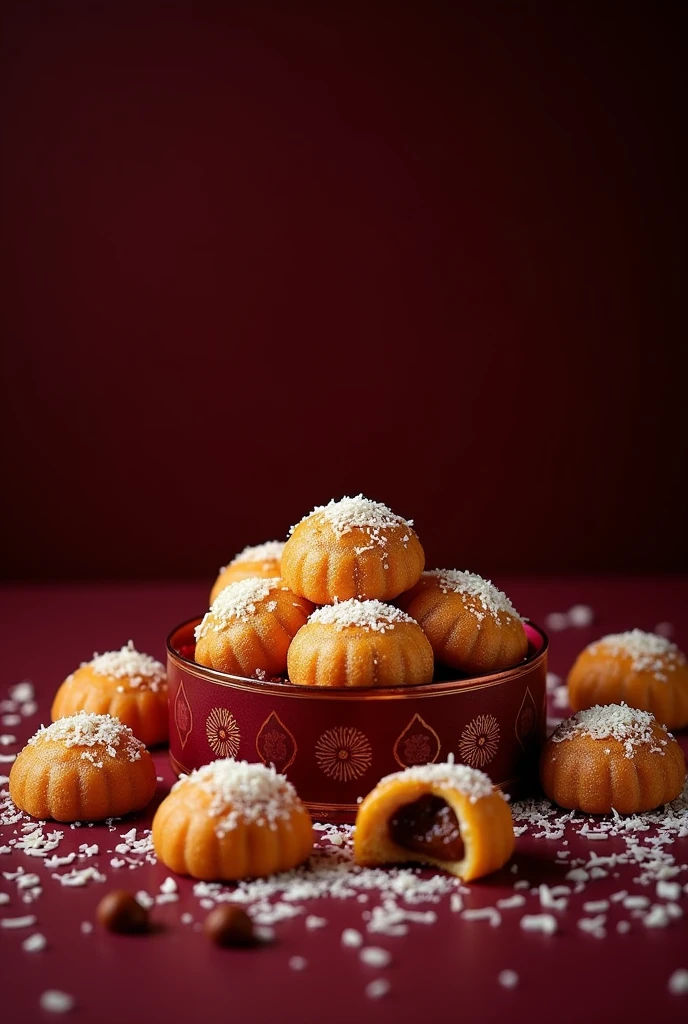 One modak box and some modak around the box with dark maroon background, realistic photography