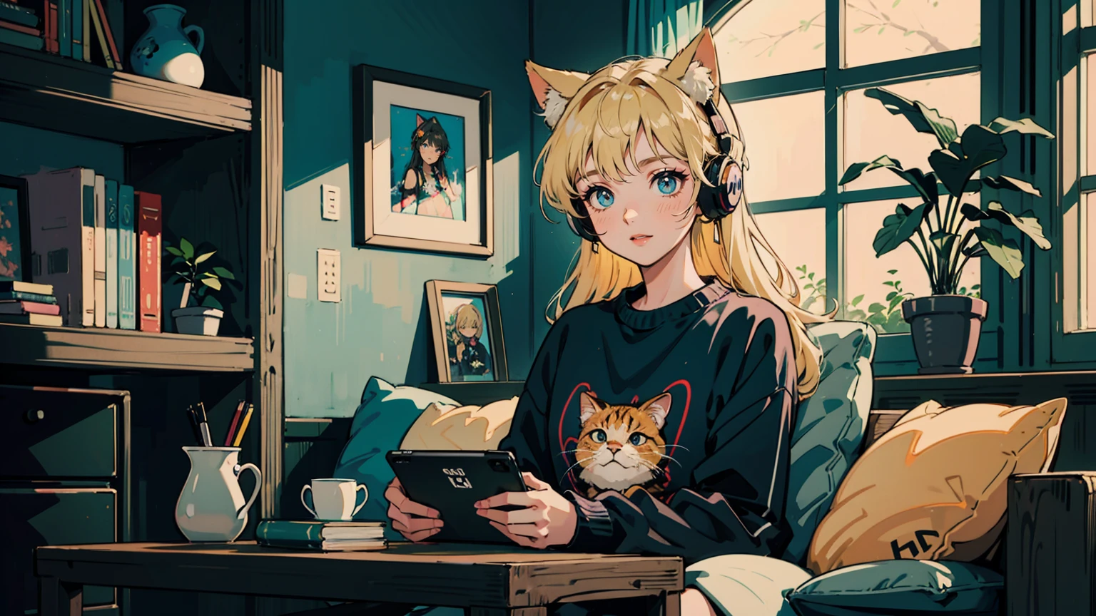 Anime style illustration of a young girl with long blonde hair playing video games. She's wearing cat ear headphones and a black shirt. The girl is sitting in a cozy room with bookshelves, a plant, and a framed picture on the wall. She's holding a game controller and looking at viewers with a calm smile. The scene has warm, soft lighting and a comfortable, lived-in atmosphere.