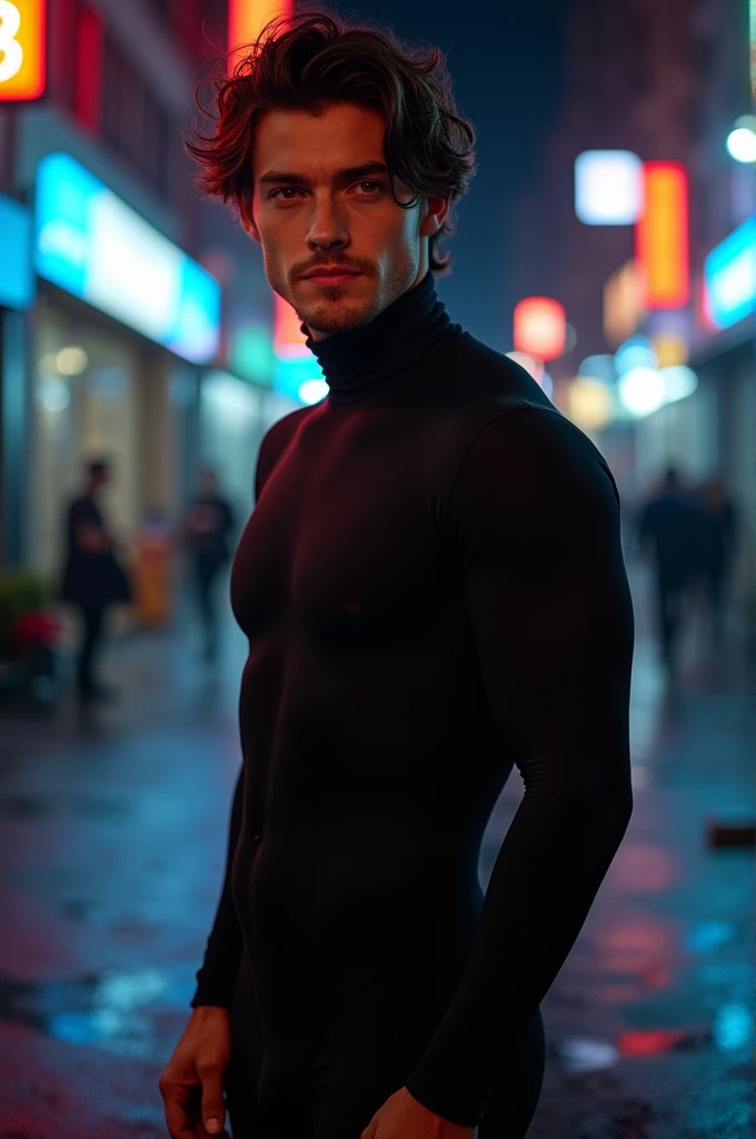 sexy boy wearing a black bodysuit with a prominent penis