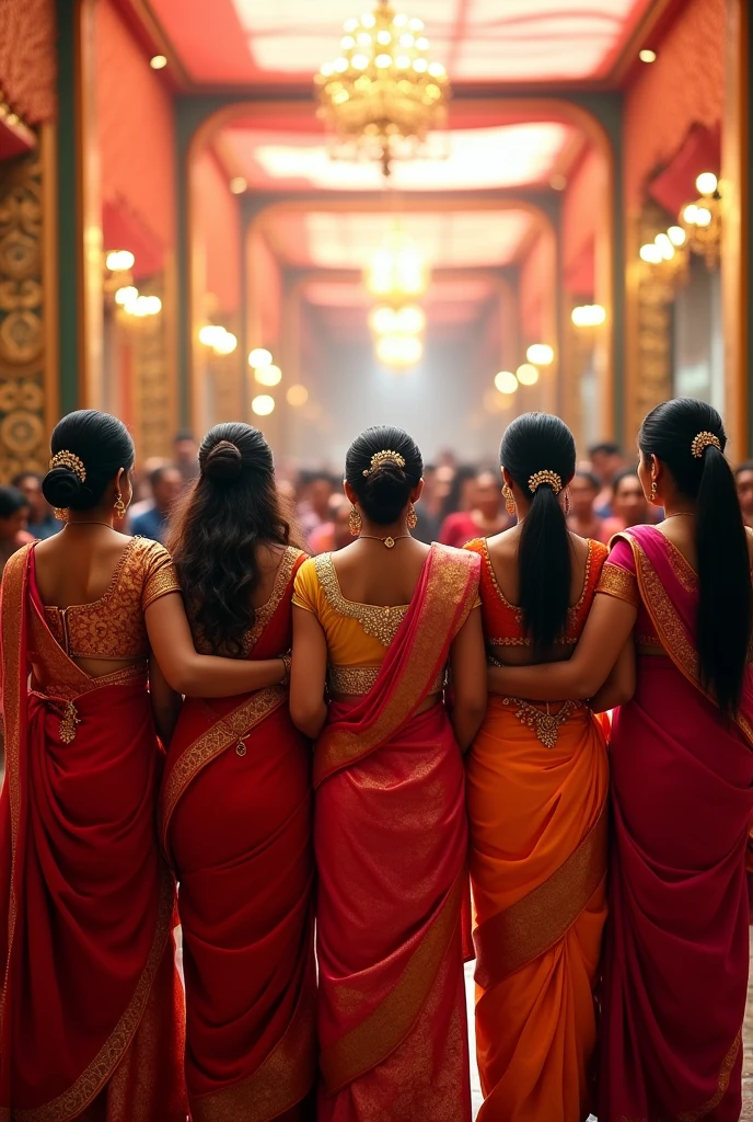 Here’s a prompt you can use:
"A team of Indian female photographers dressed elegantly in traditional attire, participating in an Indian wedding ceremony. The T-shirts they wear have 'FOTO PLUS STUDIO' printed on the back. They are holding DSLR cameras, standing in the center of the image, seen from behind, capturing the essence of the ceremony. The scene emphasizes their professionalism, unity, and cultural connection to the event."