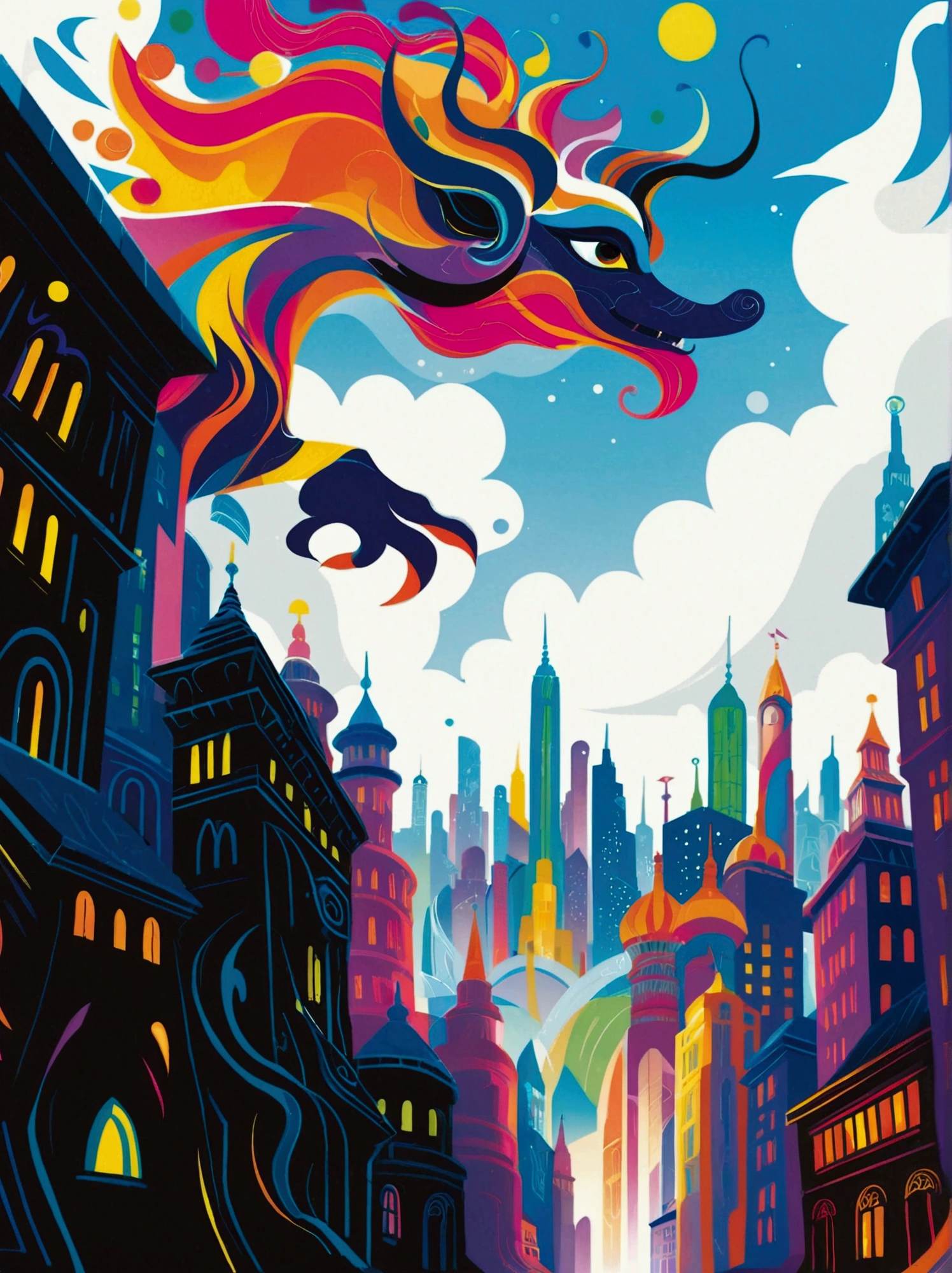 (negative space:1.5), a Cityscape, colorful cartoon-style illustration from an award winning animated movie, illustrated in bold outlines, showcasing its colors and shapes. The character is depicted adorned colorful energy against a white background, mythical creature, shsw